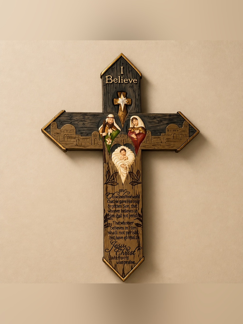 I Believe Decorative Nativity Cross Wall Plaque - Blue and Tan